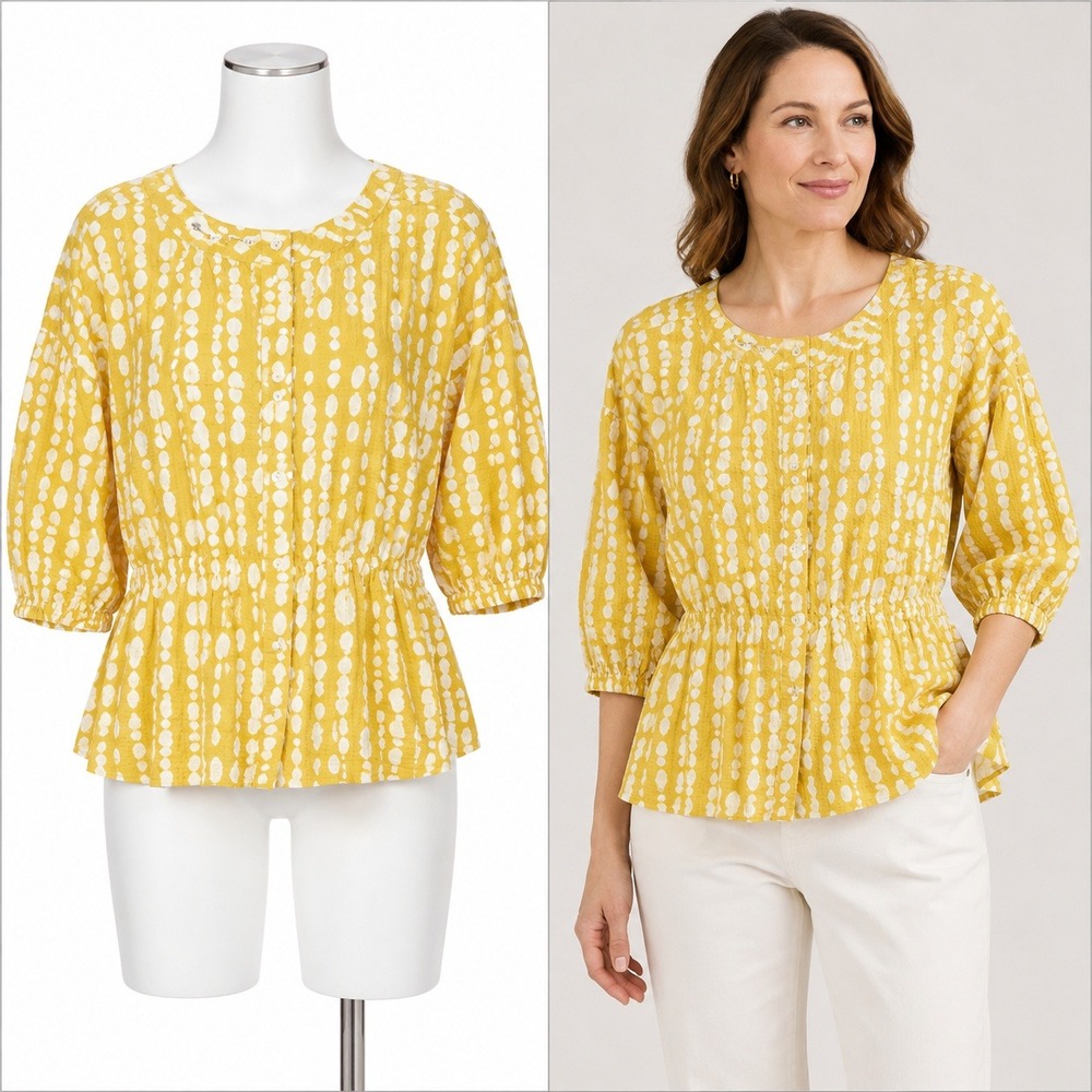 Masai Copenhagen Blouse Womens S Yellow Seersucker Cotton Dot Button Peplum Top